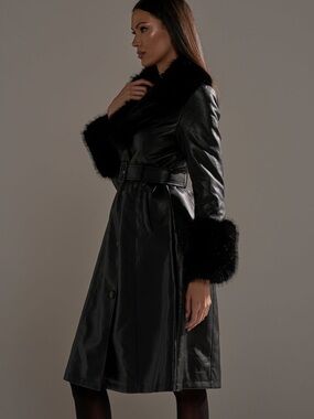 AKIRA Black Faux Leather Trench Coat with Fur Trim